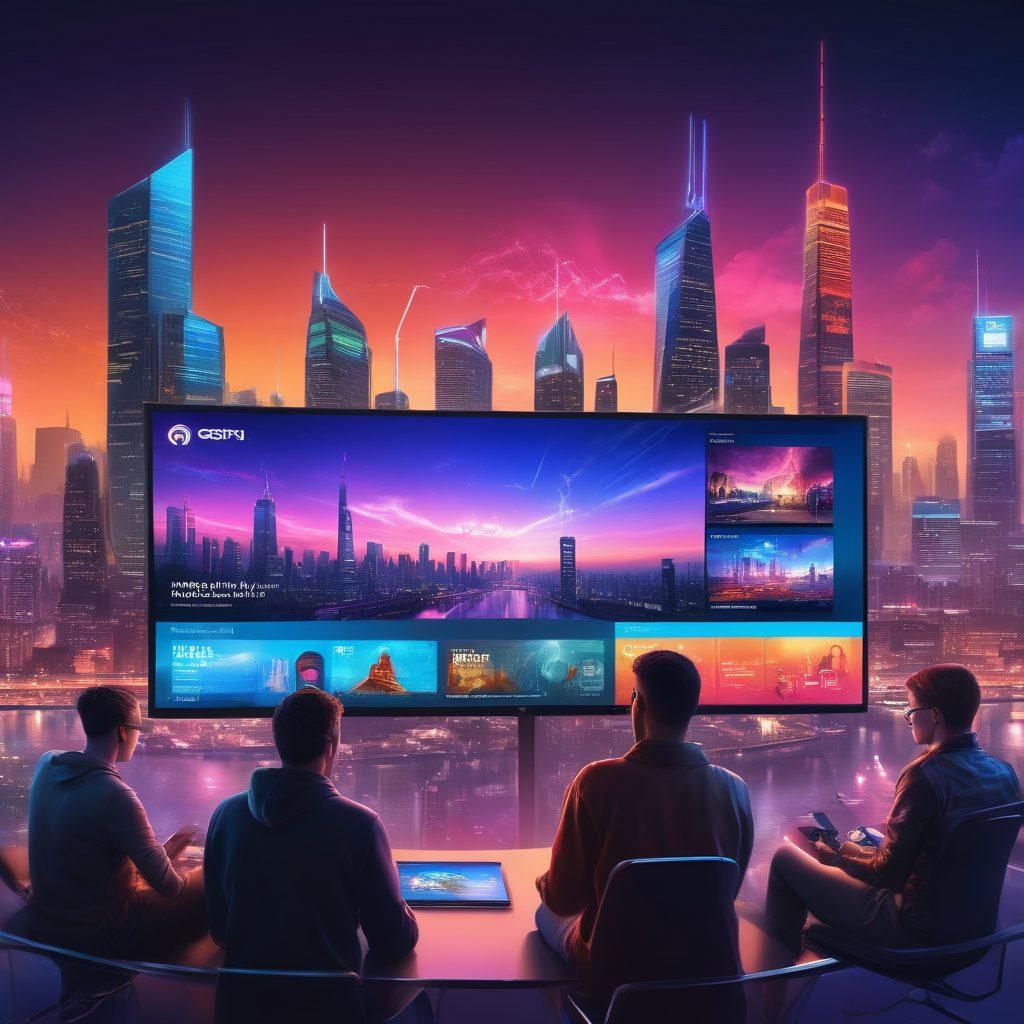 A modern digital landscape featuring a diverse group of adults engaging with various streaming devices, showcasing vibrant screens displaying the 3GPorn logo amidst trending content. Highlight a flowing graph of rising trends above, with icons representing different genres around. The background should have a city skyline against a twilight sky to symbolize urban connectivity. cyberpunk. vibrant colors. super-realistic.