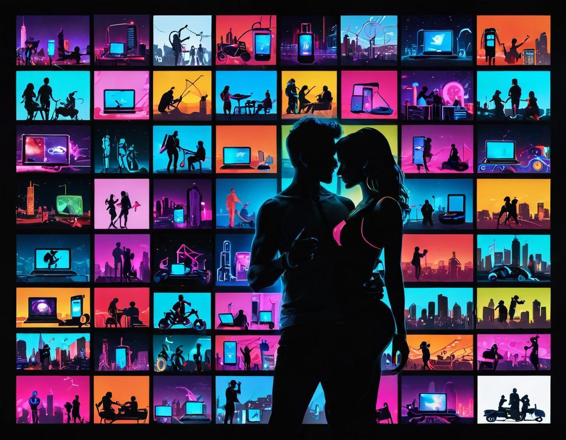 A captivating collage of digital devices showcasing 3GPorn content, with vibrant, neon-lit graphics symbolizing adult entertainment trends. Include silhouettes of diverse couples in playful poses, surrounded by colorful icons of popular themes in adult content. Create an engaging atmosphere with a blurred city skyline in the background, emanating excitement and allure. vibrant colors. cyberpunk.